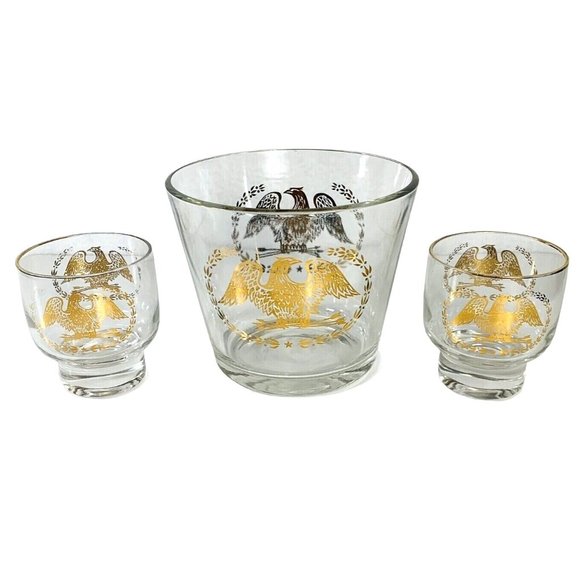 VTG MCM Barware Golden Eagle Crest Ice Bucket and Glass Set American Patriotic - Picture 2 of 15